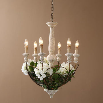 Retro White Scrollwork Distressed Wood 6-Light Candle-Style Chandelier